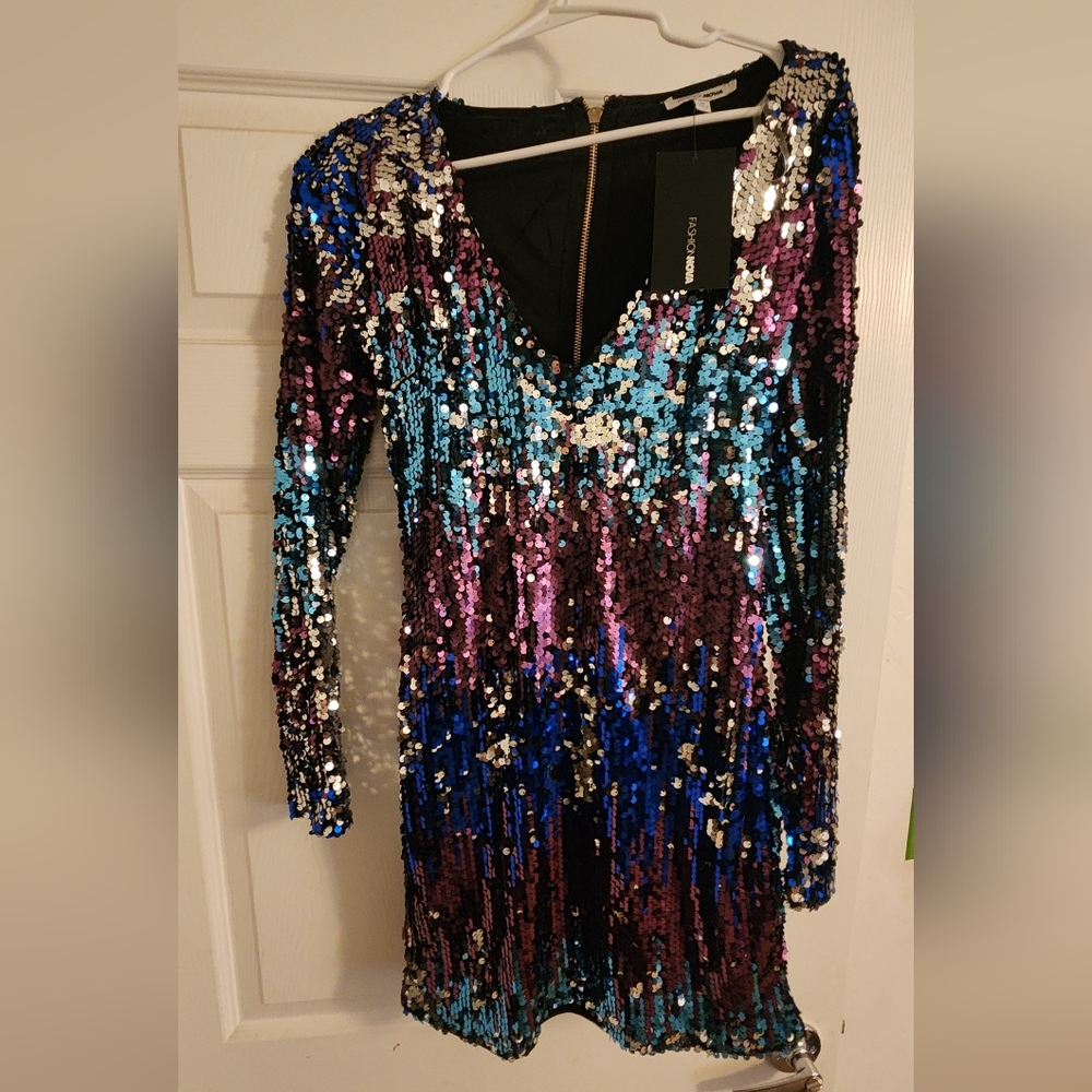 Fashion Nova Multicolor Sequin Long Sleeve Dress
